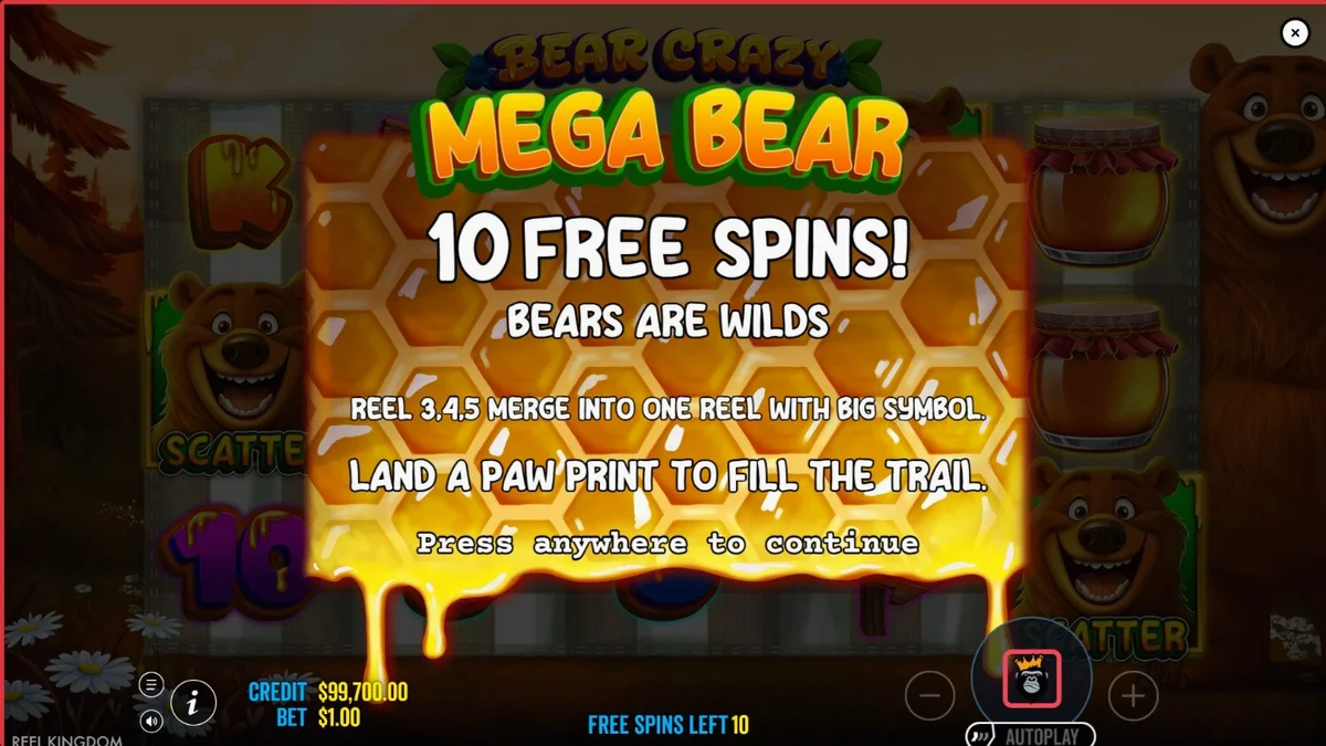 Tampilan layar slot Bear Crazy pada perangkat mobile yang menunjukkan hutan hijau dan simbol madu.
