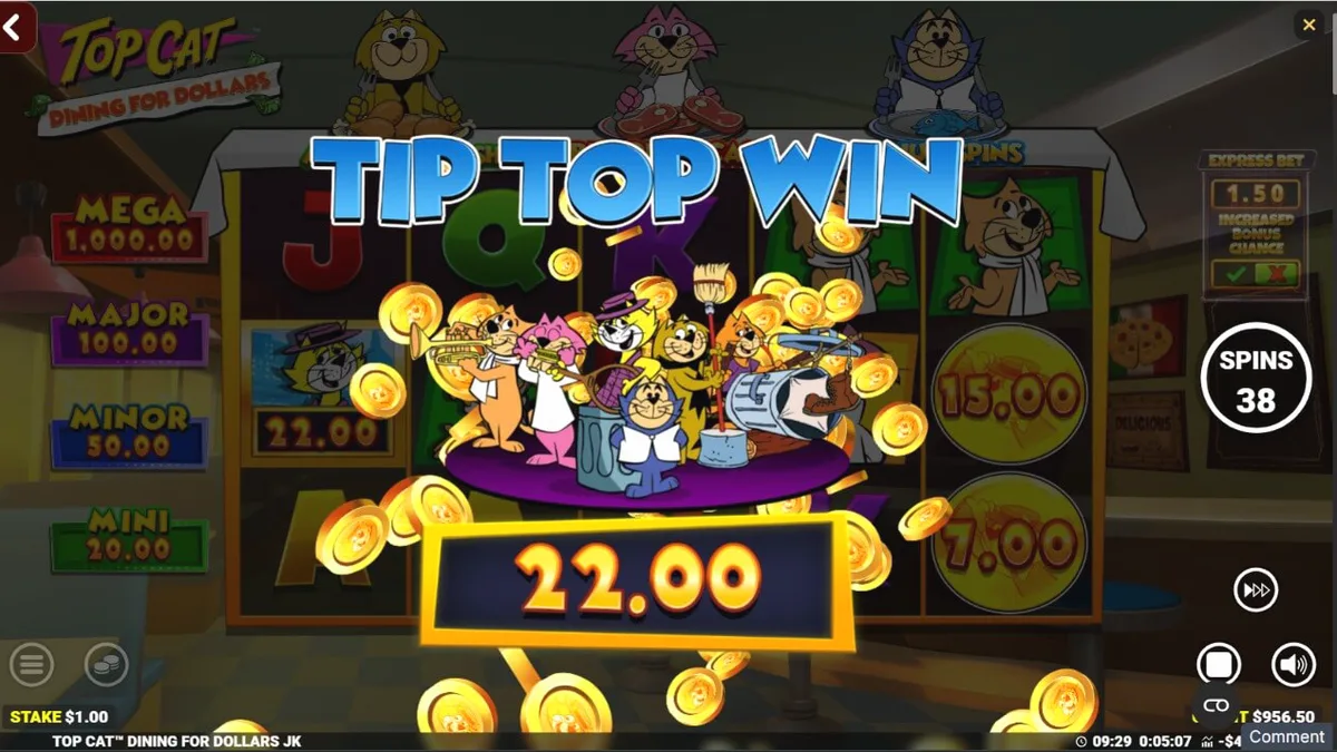 Tampilan visual slot Top Cat Dining For Dollars dengan karakter kartun klasik